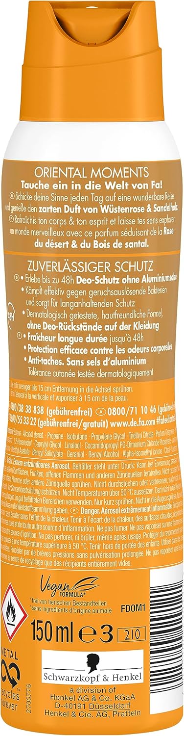 Fa Deospray Oriental Moments mit dem zarten Duft von Wüstenrose & Sandelholz, 48h Schutz, 6x 150 ml