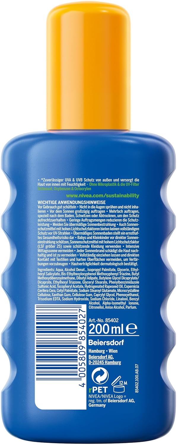NIVEA SUN Schutz & Pflege Sonnenspray LSF 30 (200 ml), Sonnencreme Spray für 48h Feuchtigkeit