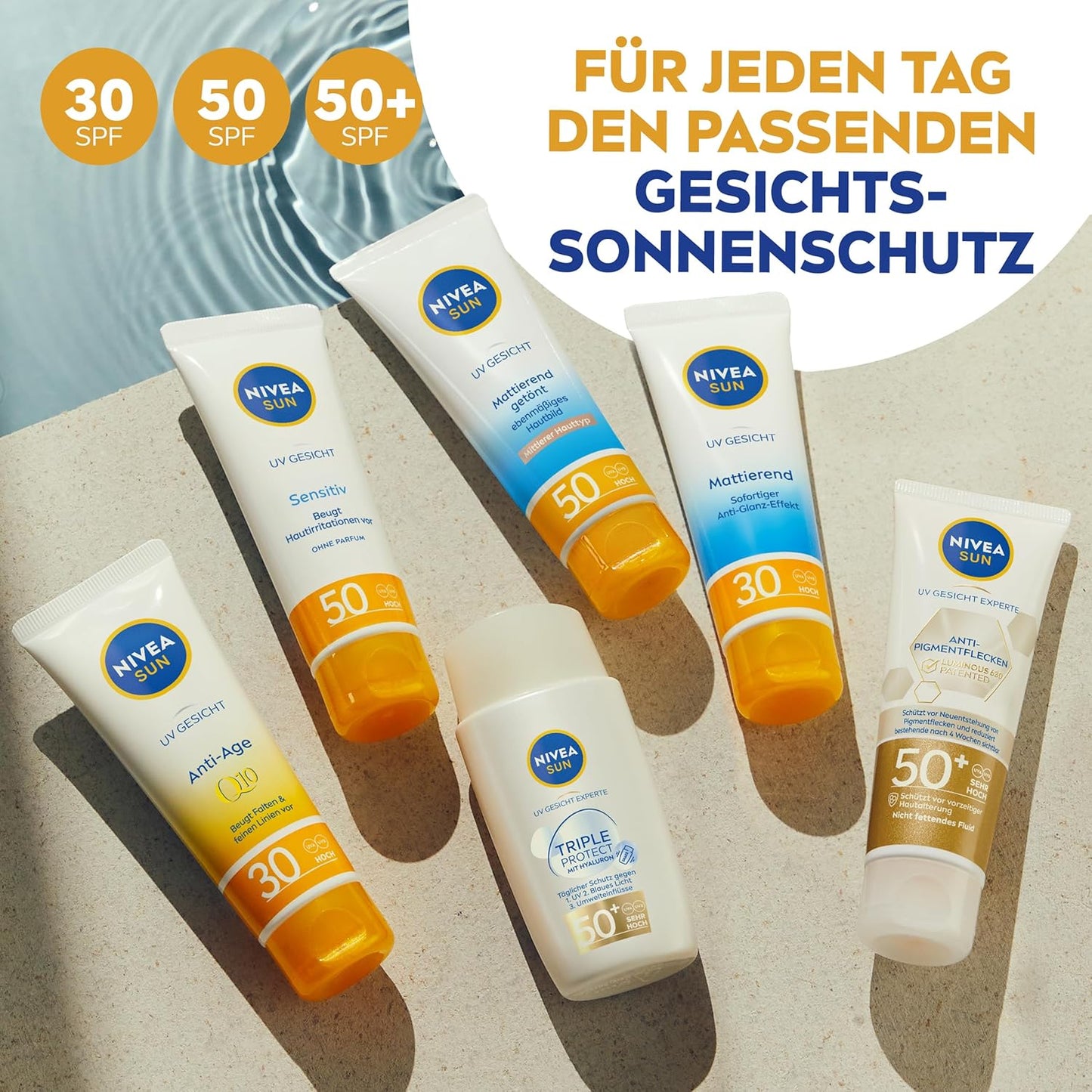 NIVEA SUN UV Gesicht Q10 Anti-Age Sonnenschutz mit LSF 30 (50 ml), feuchtigkeitsspendende Gesichtssonnencreme, Anti-Falten Sonnencreme mit Schutz vor UVA/UVB-Strahlen