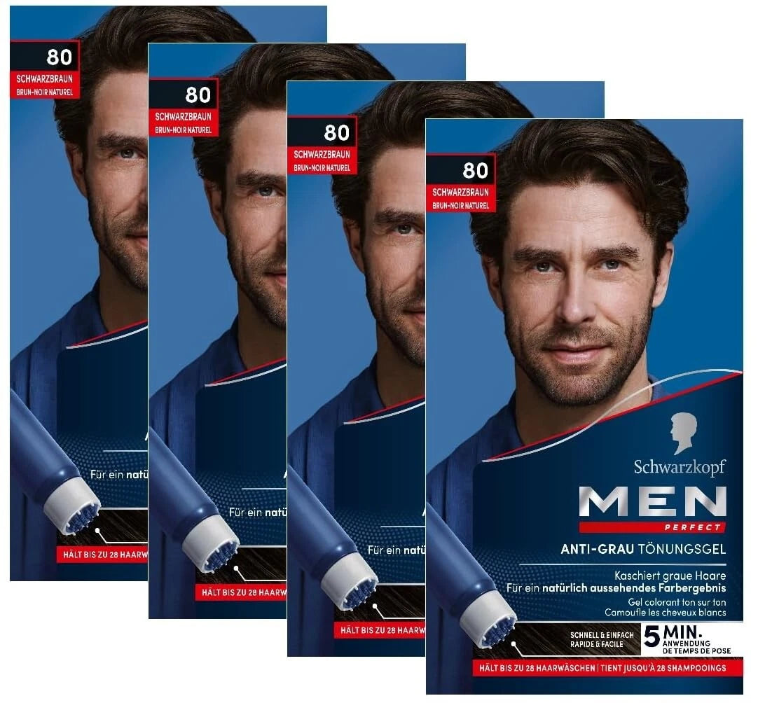 Haarfarbe Schwarzkopf Men Perfect Anti-Grau Tönungs-Gel 80 Schwarzbraun (4x80ml)