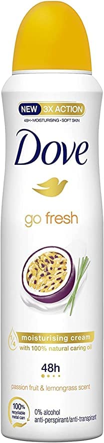 Dove, Go Fresh Deodorant Spray Passion Fruit, mit 1/4 Feuchtigkeitscreme, Antitranspirant, ohne Alkohol, trockene Haut bis zu 48 Stunden, frischer Duft, Deodorant für Damen und Herren, 6 Stück à 150