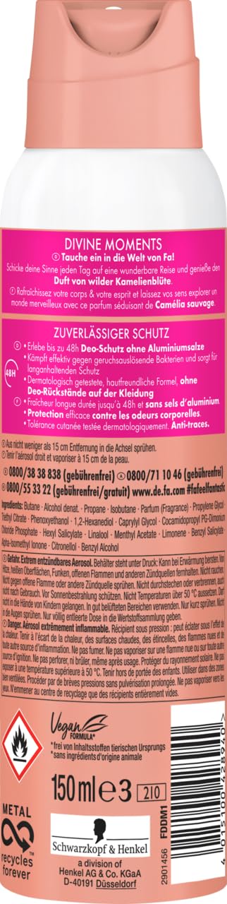 FA Deospray Divine Moments (6x 150ml), Deodorant mit dem Duft von wilder Kamelienblüte, Vegane Formel, stoppt Bakterien, Deo-Schutz ohne Aluminiumsalze