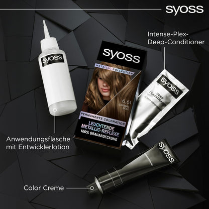 SYOSS Color Coloration Metallic Collection 6–61 Autumn Gold (2x 115 ml), permanente Coloration für leuchtende Metallic-Reflexe, für bis zu 100% Grauhaarabdeckung und bis zu 10 Wochen Farbintensität