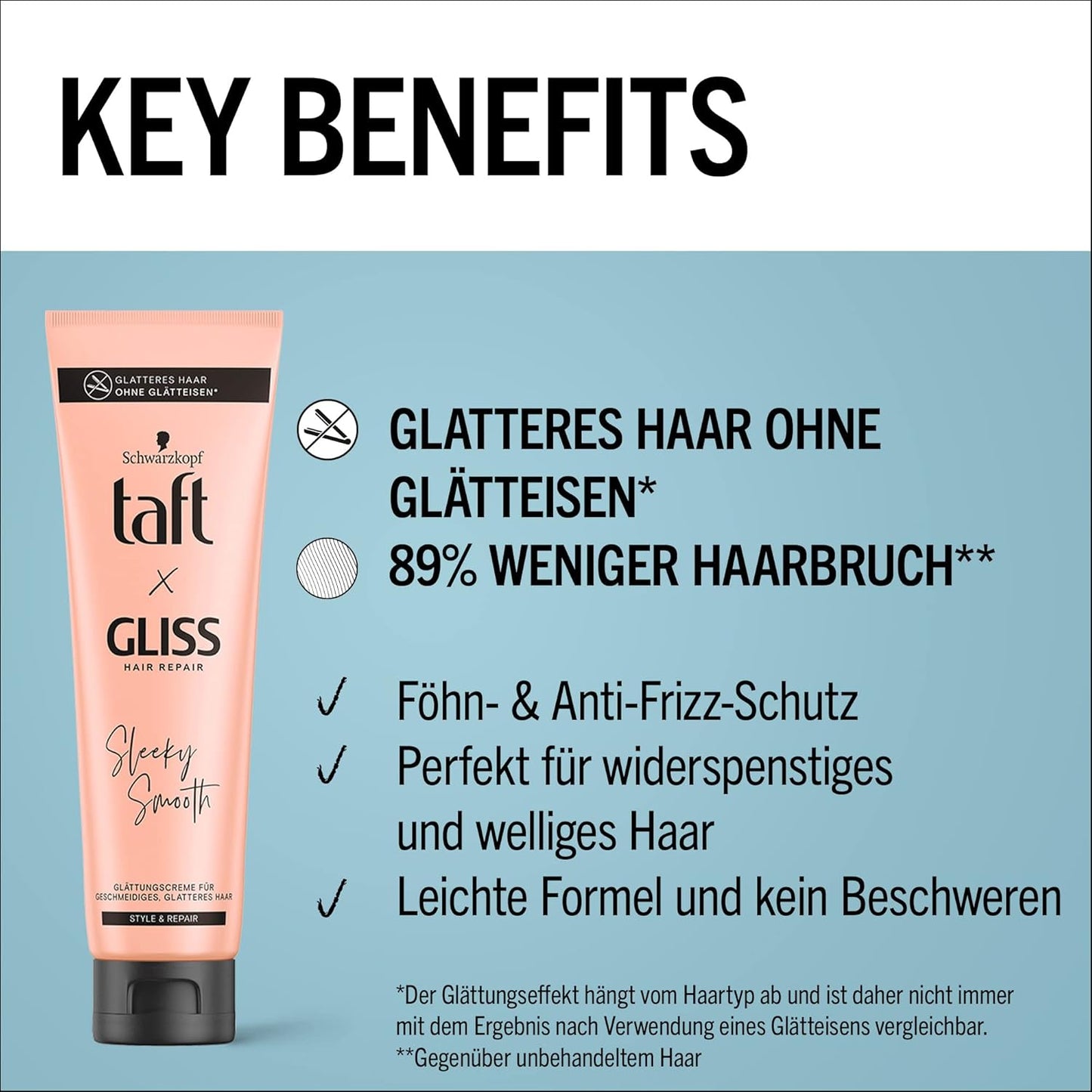 Taft x Gliss Glättungscreme Sleeky Smooth (150 ml), Styling Creme für glattes Haar ohne Glätteisen, mit zusätzlichem Föhn- und Anti-Frizz-Schutz