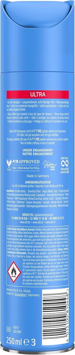 Schwarzkopf Taft Haarlack Ultra (3x 250ml), Haltegrad 4 Haarstyling, Haarspray für alle Haartypen, gestärktes Haar, vegane Formel*