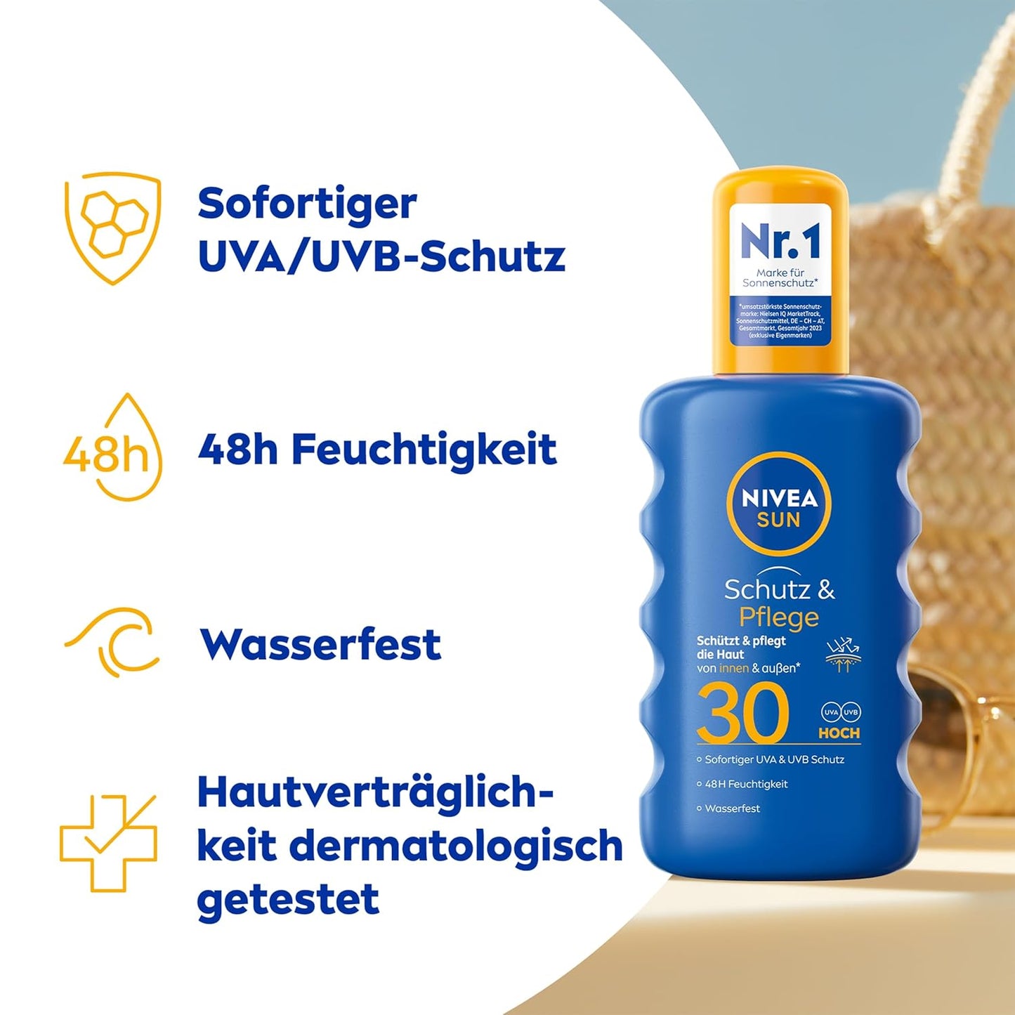 NIVEA SUN Schutz & Pflege Sonnenspray LSF 30 (200 ml), Sonnencreme Spray für 48h Feuchtigkeit