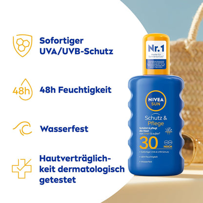 NIVEA SUN Schutz & Pflege Sonnenspray LSF 30 (200 ml), Sonnencreme Spray für 48h Feuchtigkeit