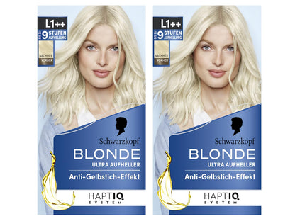 Schwarzkopf Blonde Aufheller L1++ (2x 143 ml), Haarfärbemittel für Öl-aktiviertes Haare Aufhellen mit HaptIQ System, für bis zu 9 Stufen ohne Gelbstich