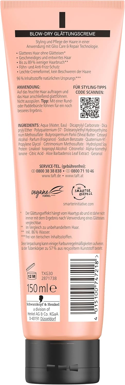 Taft x Gliss Glättungscreme Sleeky Smooth (150 ml), Styling Creme für glattes Haar ohne Glätteisen, mit zusätzlichem Föhn- und Anti-Frizz-Schutz