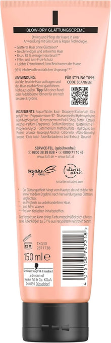 Taft x Gliss Glättungscreme Sleeky Smooth (150 ml), Styling Creme für glattes Haar ohne Glätteisen, mit zusätzlichem Föhn- und Anti-Frizz-Schutz