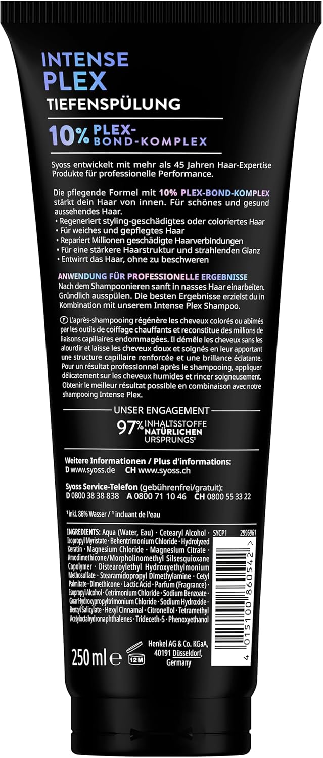 SYOSS Tiefenspülung Intense Plex (250 ml), reparierende Spülung mit 10% Plex-Bond-Komplex, Haarspülung für stark geschädigtes Haar repariert Millionen von Haarverbindungen