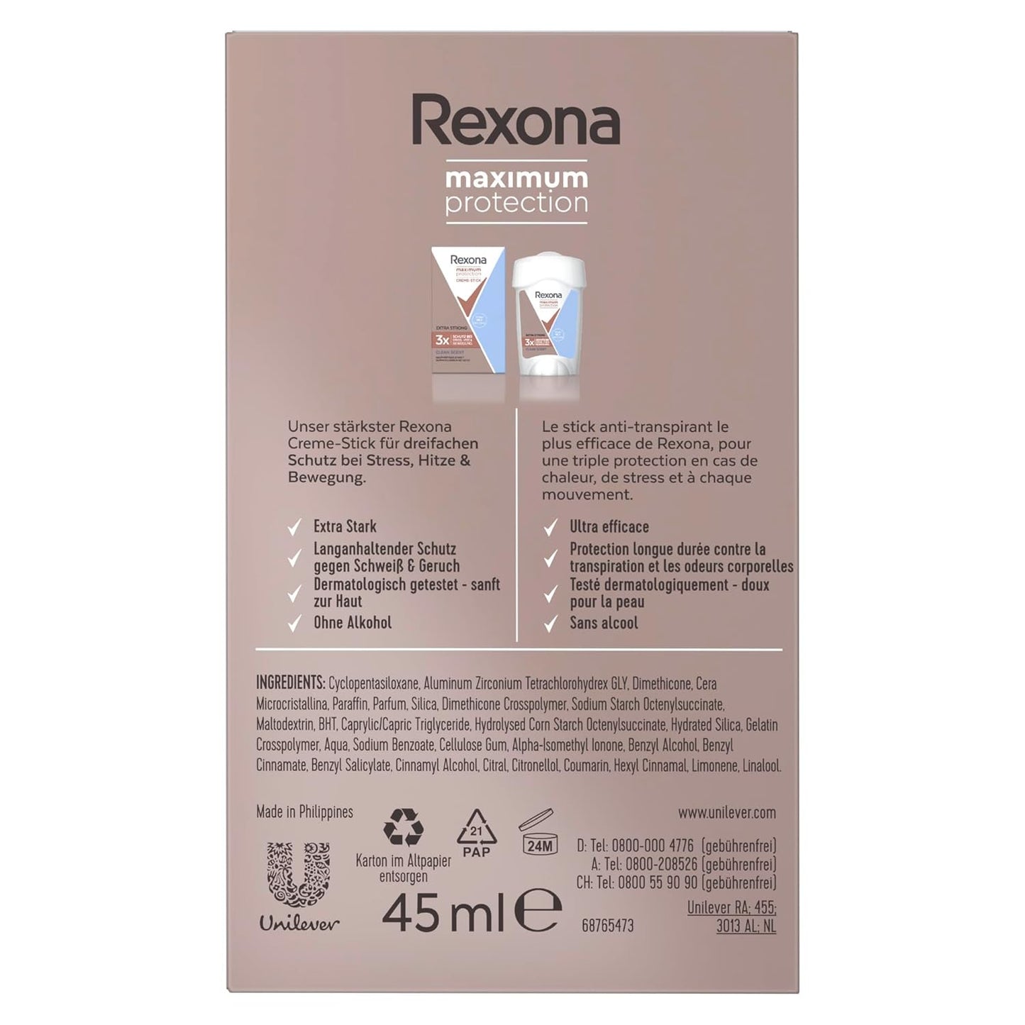 Rexona Women Maximum Protection Anti Transpirant Deo Creme Clean Scent Deodorant mit 96 Stunden Schutz gegen starkes Schwitzen und Geruch mit 3x Schutz bei Stress, Hitze & Bewegung 45 ml