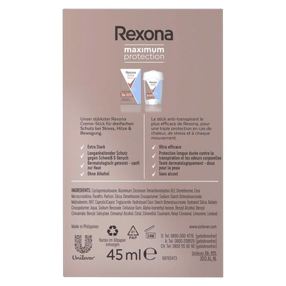 Rexona Women Maximum Protection Anti Transpirant Deo Creme Clean Scent Deodorant mit 96 Stunden Schutz gegen starkes Schwitzen und Geruch mit 3x Schutz bei Stress, Hitze & Bewegung 45 ml