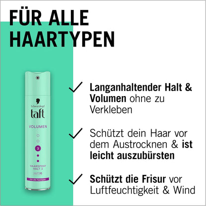 Schwarzkopf Taft Haarspray Volumen (3x 250 ml), Haltegrad 3 Haarstyling, Haarspray für alle Haartypen, Volumen-Haarspray, vegane Formel*