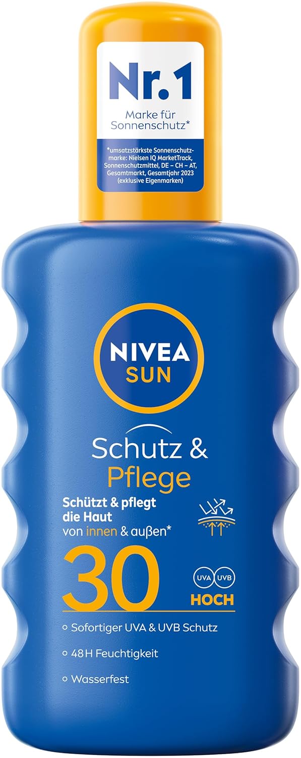 NIVEA SUN Schutz & Pflege Sonnenspray LSF 30 (200 ml), Sonnencreme Spray für 48h Feuchtigkeit