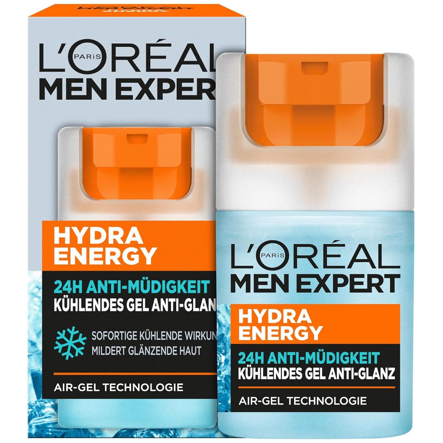 L'Oréal Men Expert kühlende Anti-Glanz Gesichtspflege für Männer, Mattierendes und erfrischendes Gel 24H Anti-Müdigkeit, Gesichtscreme für Herren mit Meeresquellwasser, Hydra Energy, 1 x 50 ml