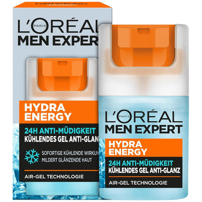 L'Oréal Men Expert kühlende Anti-Glanz Gesichtspflege für Männer, Mattierendes und erfrischendes Gel 24H Anti-Müdigkeit, Gesichtscreme für Herren mit Meeresquellwasser, Hydra Energy, 1 x 50 ml