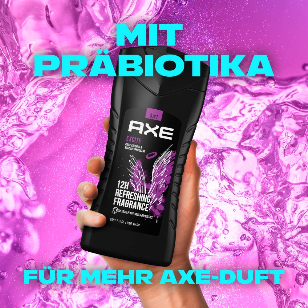 Axe 3-in-1 Duschgel & Shampoo Excite für ganztägige Frische, unwiderstehlichen Duft und eine angenehme Dusche dermatologisch getestet 6x 250 ml