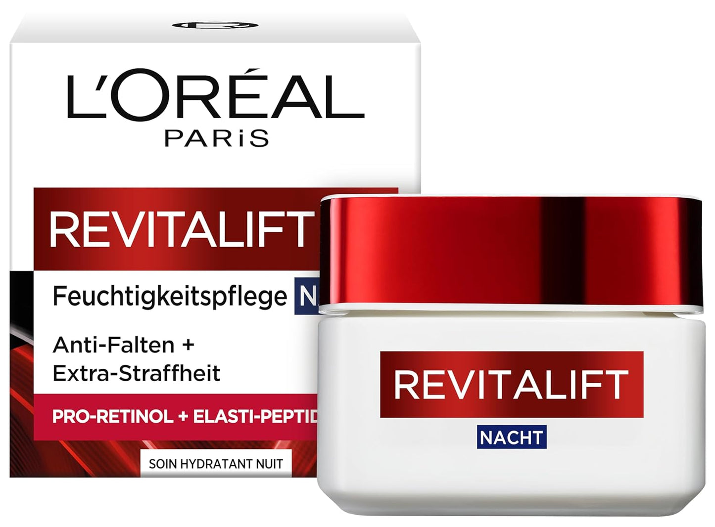 L'Oréal Paris Feuchtigkeitspflege Nacht für Frauen: sorgt für ein strafferes Hautbild & mildert Falten & stärkt die Hautschutzbarriere über Nacht mit Pro-Elastin & Aprikosenkernöl, Revitalift, 1x 50ml