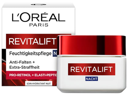 L'Oréal Paris Feuchtigkeitspflege Nacht für Frauen: sorgt für ein strafferes Hautbild & mildert Falten & stärkt die Hautschutzbarriere über Nacht mit Pro-Elastin & Aprikosenkernöl, Revitalift, 1x 50ml