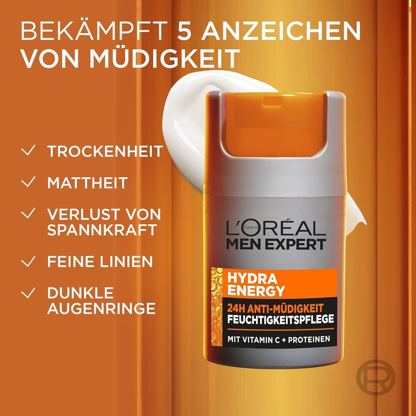 L'Oréal Men Expert Gesichtspflege gegen müde Haut für Männer, Belebende Feuchtigkeitscreme 24H Anti-Müdigkeit, Gesichtscreme für Herren mit Vitamin C und Proteinen, Hydra Energy, 1 x 50 ml