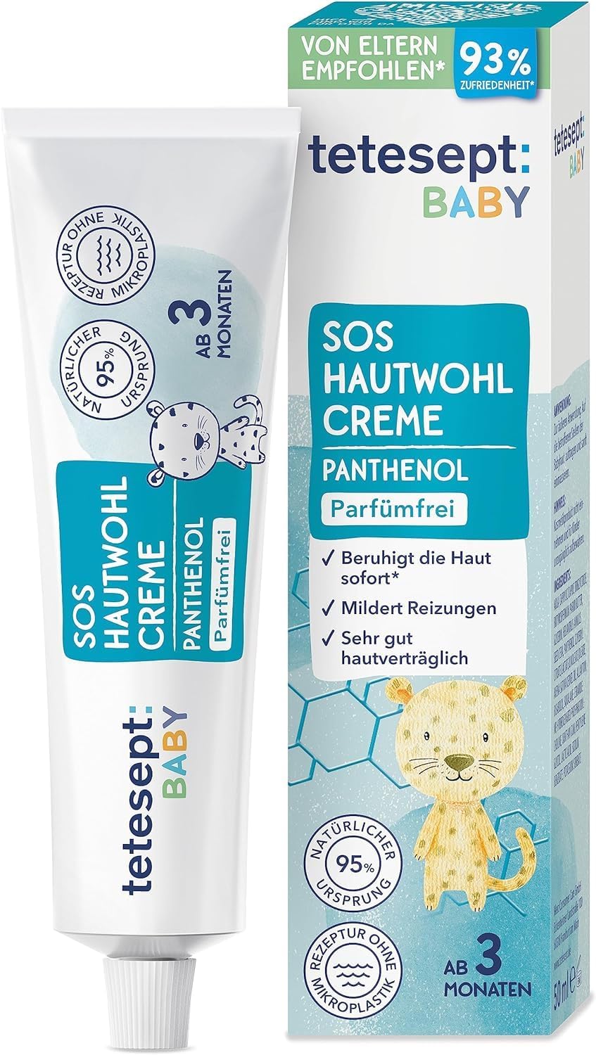 tetesept Baby SOS Hautwohl Creme – Pflegecreme beruhigt Babyhaut sofort und mildert Reizungen – Parfümfreie Hautpflege mit Panthenol für Neugeborene ab 3 Monaten – 50 ml