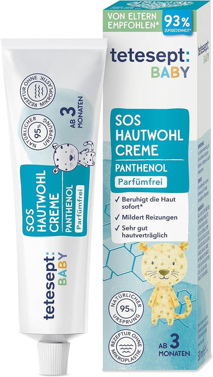 tetesept Baby SOS Hautwohl Creme – Pflegecreme beruhigt Babyhaut sofort und mildert Reizungen – Parfümfreie Hautpflege mit Panthenol für Neugeborene ab 3 Monaten – 50 ml