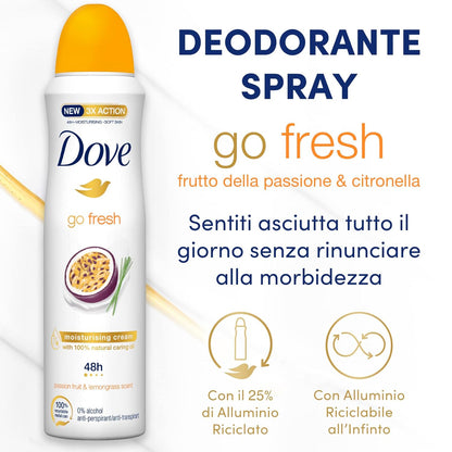 Dove, Go Fresh Deodorant Spray Passion Fruit, mit 1/4 Feuchtigkeitscreme, Antitranspirant, ohne Alkohol, trockene Haut bis zu 48 Stunden, frischer Duft, Deodorant für Damen und Herren, 6 Stück à 150