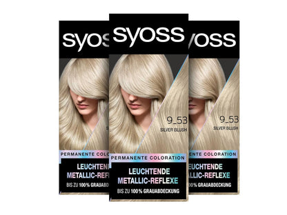 Syoss Color Coloration Metallic Collection 9–53 Silver Blush (3 x 115 ml), permanente Coloration für leuchtende Metallic-Reflexe, für bis zu 100% Grauhaarabdeckung und bis zu 10 Wochen Farbintensität