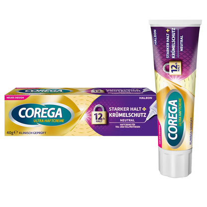 3x Corega Ultra Haftcreme Starker Halt + Krümelschutz für Zahnersatz/dritte Zähne, 40g, ohne künstliche Farb- und Aromastoffe