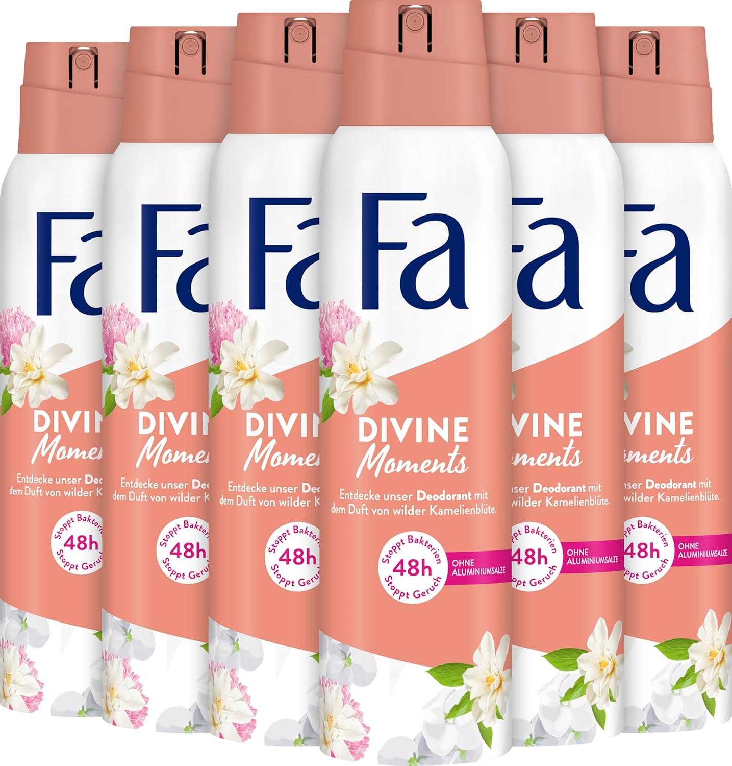 FA Deospray Divine Moments (6x 150ml), Deodorant mit dem Duft von wilder Kamelienblüte, Vegane Formel, stoppt Bakterien, Deo-Schutz ohne Aluminiumsalze