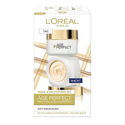 L'Oréal Paris Straffendes Gesichtspflegeset für reife Haut mit Anti-Aging Tagespflege und Nachtpflege gegen Altersflecken, Mit Kollagen-AS-Fragmenten, Age Perfect Pro, Experte, 2 x 50 ml