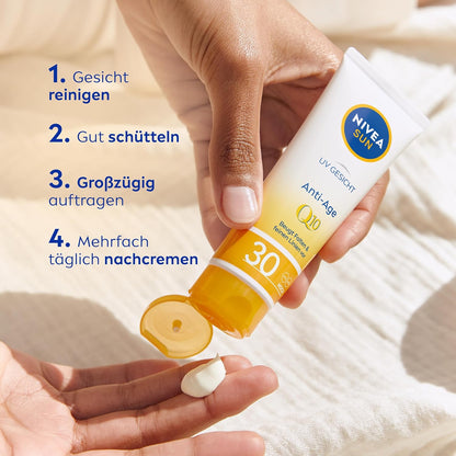 NIVEA SUN UV Gesicht Q10 Anti-Age Sonnenschutz mit LSF 30 (50 ml), feuchtigkeitsspendende Gesichtssonnencreme, Anti-Falten Sonnencreme mit Schutz vor UVA/UVB-Strahlen