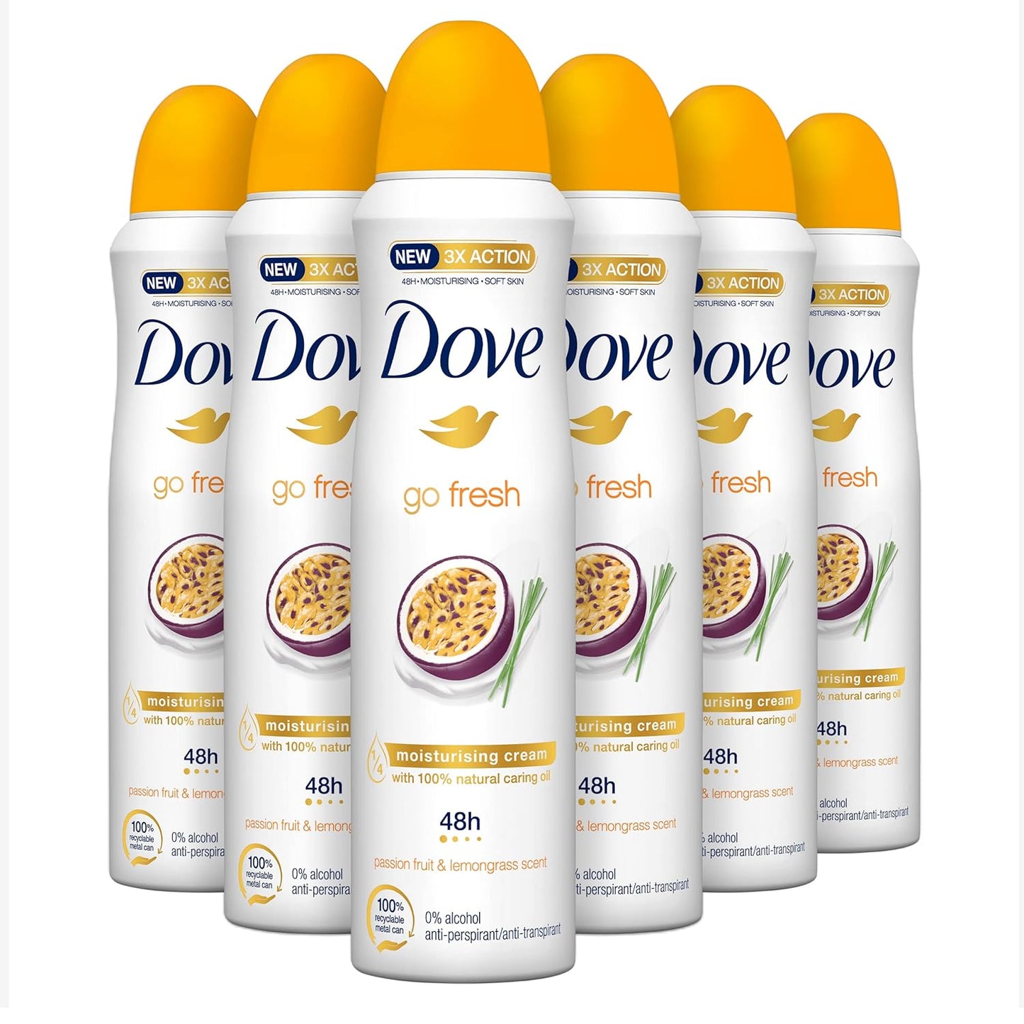 Dove, Go Fresh Deodorant Spray Passion Fruit, mit 1/4 Feuchtigkeitscreme, Antitranspirant, ohne Alkohol, trockene Haut bis zu 48 Stunden, frischer Duft, Deodorant für Damen und Herren, 6 Stück à 150