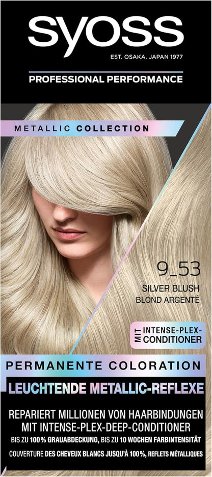 Syoss Color Coloration Metallic Collection 9–53 Silver Blush (3 x 115 ml), permanente Coloration für leuchtende Metallic-Reflexe, für bis zu 100% Grauhaarabdeckung und bis zu 10 Wochen Farbintensität