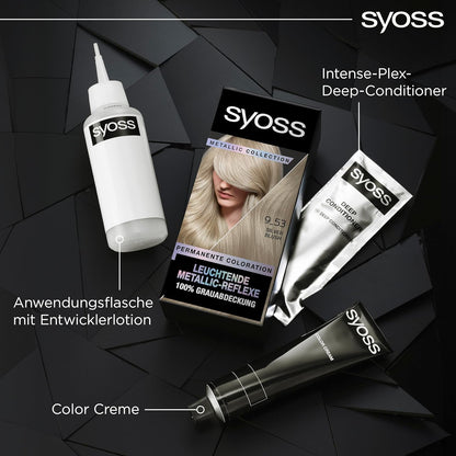 Syoss Color Coloration Metallic Collection 9–53 Silver Blush (3 x 115 ml), permanente Coloration für leuchtende Metallic-Reflexe, für bis zu 100% Grauhaarabdeckung und bis zu 10 Wochen Farbintensität
