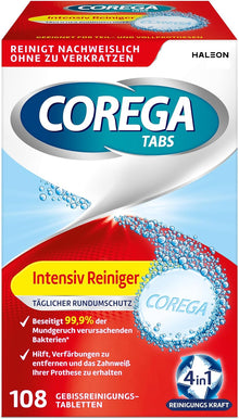 Corega Reinigungs-TABS Intensiv Reiniger Rundumschutz für herausnehmbaren Zahnersatz/dritte Zähne, 1x108 Gebissreinigungstabletten