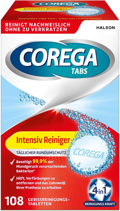 Corega Reinigungs-TABS Intensiv Reiniger Rundumschutz für herausnehmbaren Zahnersatz/dritte Zähne, 1x108 Gebissreinigungstabletten