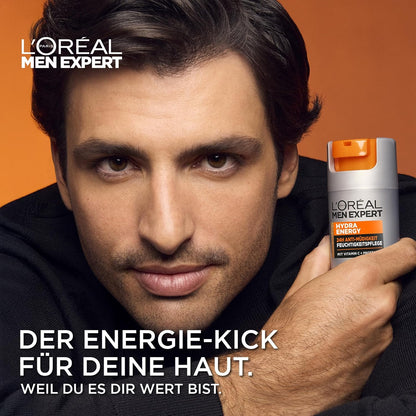 L'Oréal Men Expert Gesichtspflege gegen müde Haut für Männer, Belebende Feuchtigkeitscreme 24H Anti-Müdigkeit, Gesichtscreme für Herren mit Vitamin C und Proteinen, Hydra Energy, 1 x 50 ml