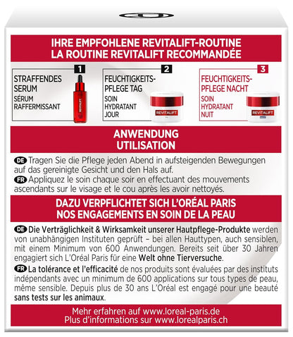 L'Oréal Paris Feuchtigkeitspflege Nacht für Frauen: sorgt für ein strafferes Hautbild & mildert Falten & stärkt die Hautschutzbarriere über Nacht mit Pro-Elastin & Aprikosenkernöl, Revitalift, 1x 50ml