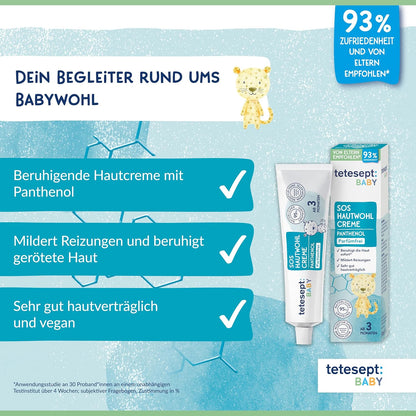 tetesept Baby SOS Hautwohl Creme – Pflegecreme beruhigt Babyhaut sofort und mildert Reizungen – Parfümfreie Hautpflege mit Panthenol für Neugeborene ab 3 Monaten – 50 ml