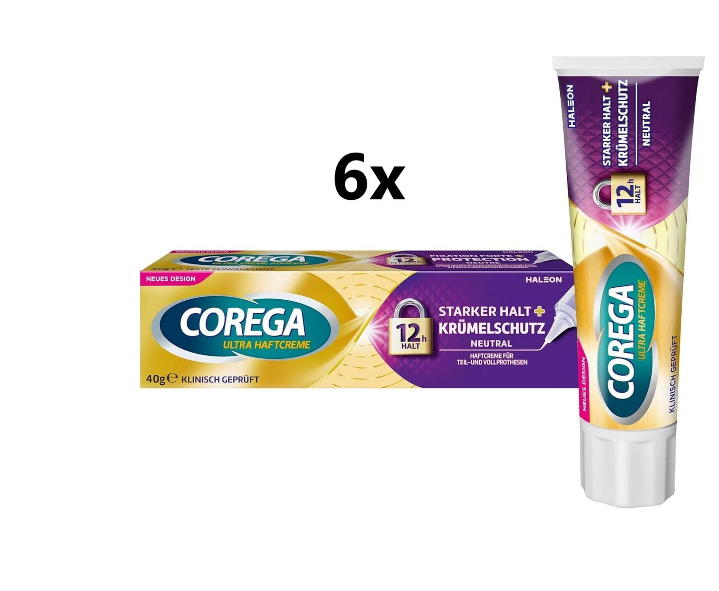 Corega Ultra Haftcreme Starker Halt + Krümelschutz Neutral (6x40g)
